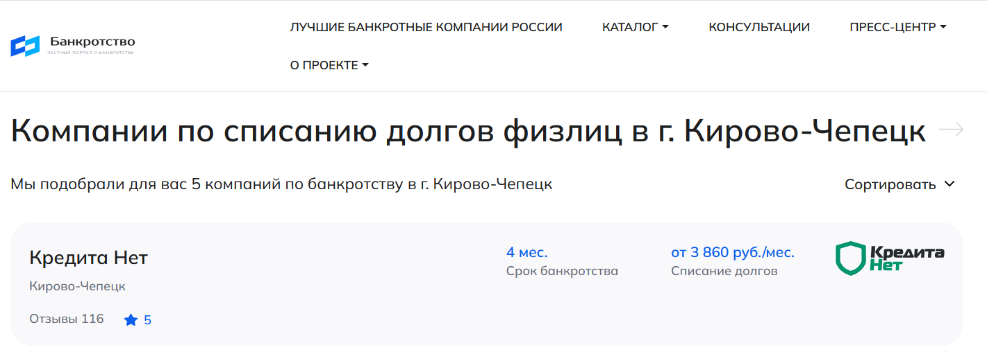 КредитаНет – первые в рейтинге компаний по банкротству в Кирово-Чепецке на сайте Банкротство Инфо